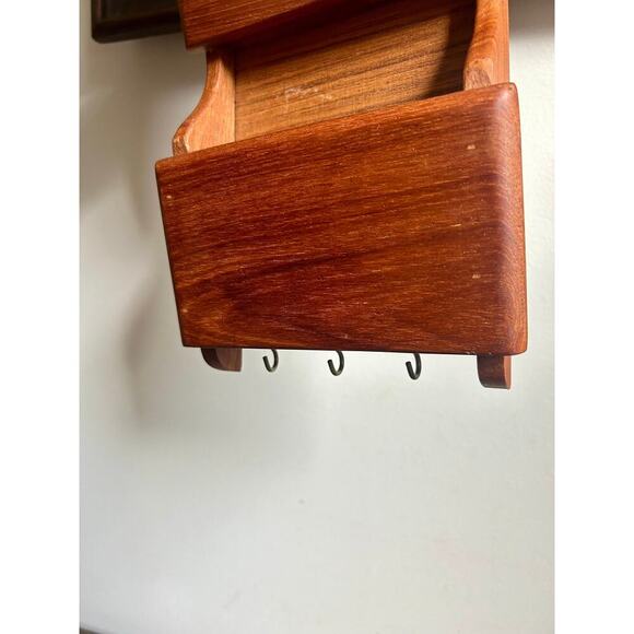Goodwood Teak Wood Letter Rack with Key Hooks | Hanging Wood Mail Organizer - Picture 3 of 7